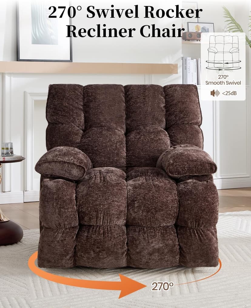 Oversized Power Swivel Rocker Recliner Chair for Big and Tall, Electric Chenille Glider with USB Ports, Extra Wide Overstuffed Reclining Sofa for Living Room Nursery, 375lbs (Brown, Power)
