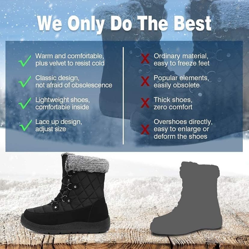 JSWEI Winter Boots for Women - Soft Comfortable Faux Fur Mid Calf Winter Snow Boots Totes Boots Lace up Snow Boots Winter Boots with Insulated Black for Outdoor