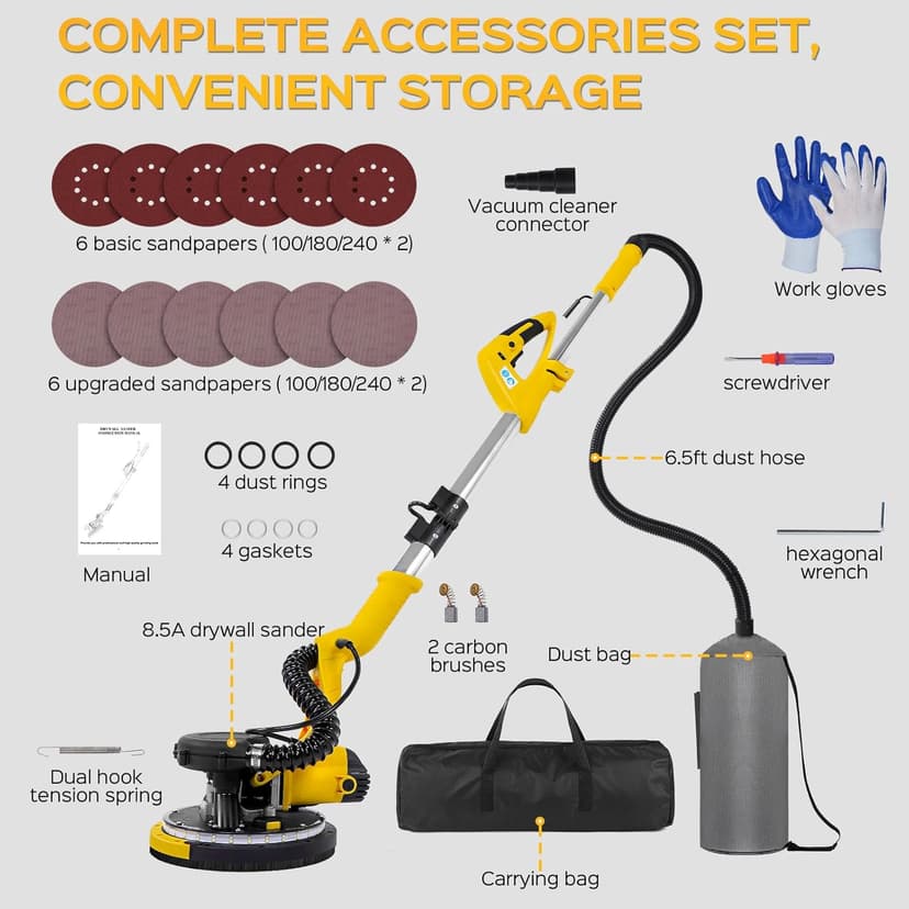 Drywall Sander Tool, KUPERIA 8.5 Amp Popcorn Ceiling Removal Tool with 7 Variable Speed 800-1800RPM, Electric Drywall Sander with Extendable Handle, LED Light,6 Basic Sand Paper & 6 Grid Sandpaper