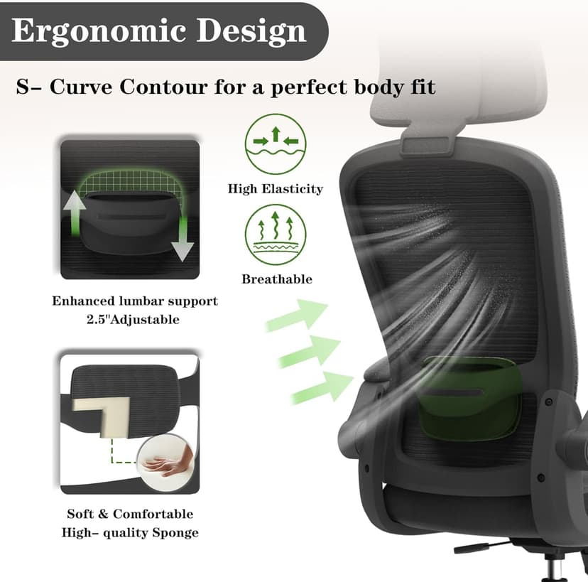 Ergonomic Office Chair for Long Hours Sitting – Back & Neck Pain Relief, Adjustable Lumbar Support & Headrest, High-Density Foam Seat, Ideal for Work & Home Office, Black
