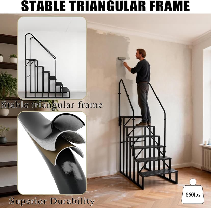 Step Ladder, 6 Step Stool with Handle, Heavy Duty Pool Ladder Above Ground 660Lbs, Camper Steps Outdoor Steps RV Stairs for Reaching High, Portable Home Stairs for Travel Trailer