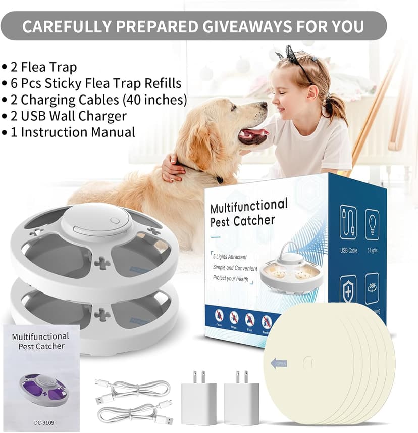 Frogoom 2 Packs Flea Traps for Inside Your Home with 6 Sticky Pads, Fleas Light Traps Kills Fleas in House, Hanging Flea Lamp with USB Cable Pest Control for Bugs Moths Gnats Indoor and Outdoor