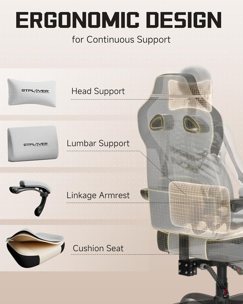 GTPLAYER Gaming Chairs for Adult - Ergonomic Big & Tall Gaming Seat with Footrest & Lumbar Support, Comfortable Office Chair 90-155° Reclining - Heavy Duty Wide Computer Seat, Bright Grey