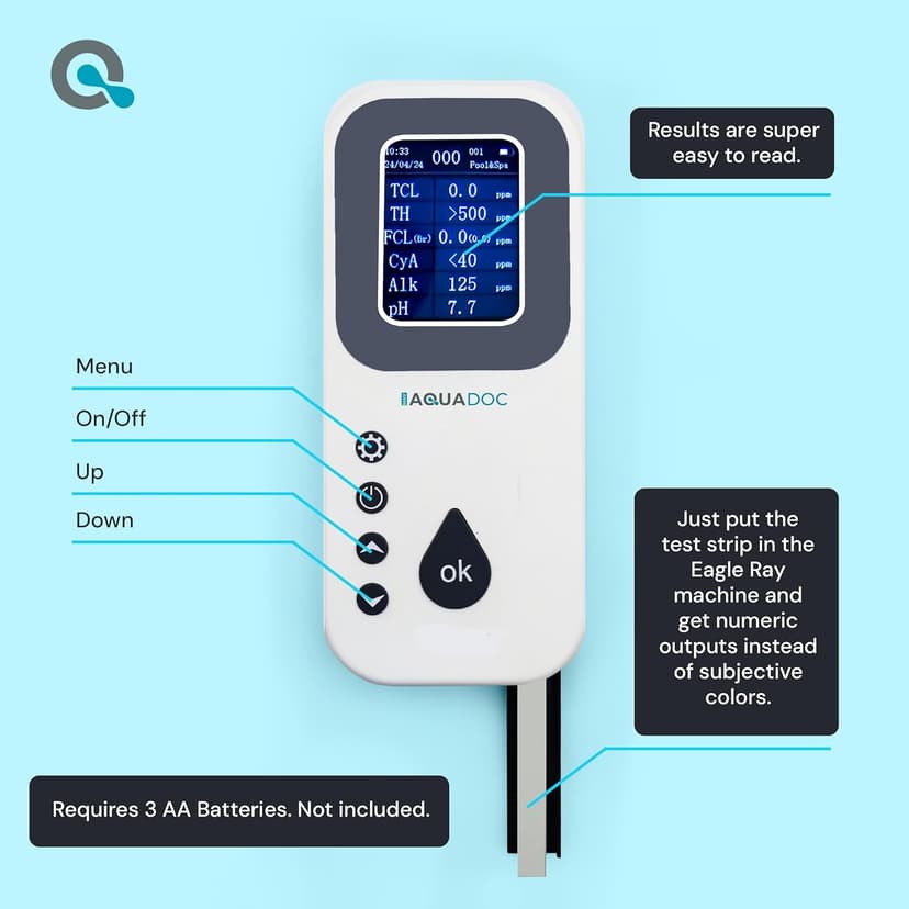 Eagle Ray Digital Water Testing Kit for Spa & Pool - Digital Hot Tub Water Tester by AquaDoc with Analyzer & Hot Tub Test Strips for Chlorine, Bromine, Total Hardness, pH and More