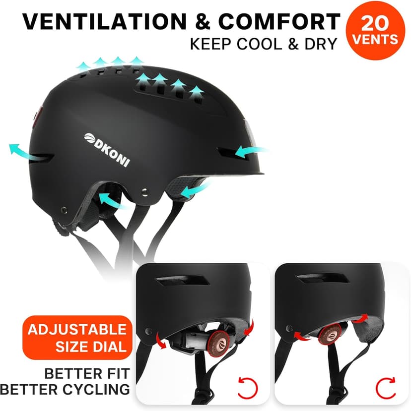 DKONI Bike Helmet with LED Lights Bicycle Helmets Commuter Cycling Helmet USB Rechargeable Front & Back LED Light Helmet for Adult Men Women