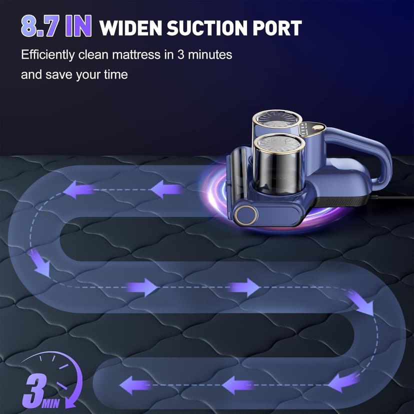 Mattress Vacuum Cleaner, 16kPa Bed Vacuum Cleaner with 253.7nm UV-C Light, Ultrasonic & 140℉ Heating, Dual Cup & Widen Suction Port Handheld Vacuums for Bed, Sofa, Couch, Crib (500W, Corded)