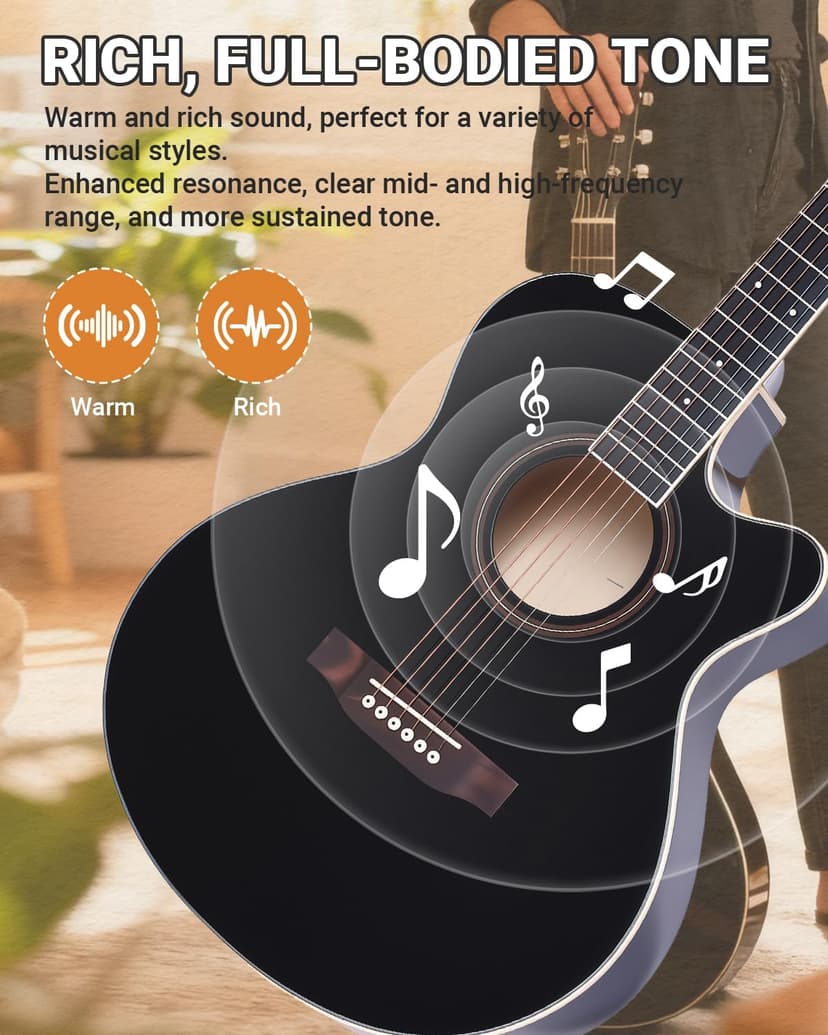 41" Acoustic Guitar for Beginners Adult Full Size Cutaway Guitarra Acustica Bundle with Gig Bag, Tuner, Strap, Strings, Picks,Capo, Black