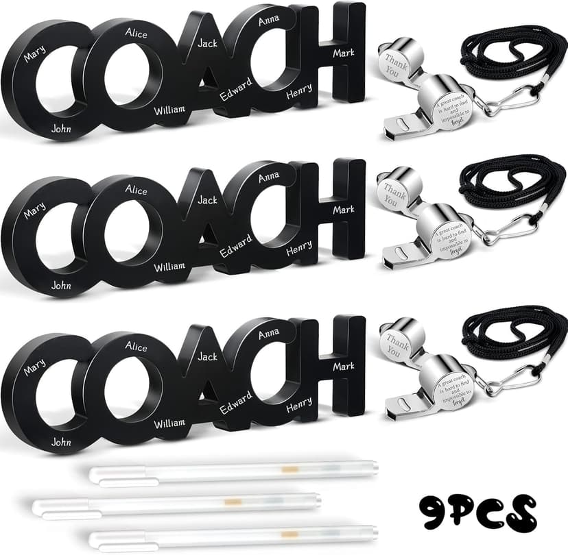 Amyhill 9 Pcs Coach Gifts Football Soccer Coaches Gifts Thank You Coach Wood Sign Whistle Stainless Steel Whistle with Rope White Marker Pen Christmas Thanksgiving Gift for Men Women Football Sports