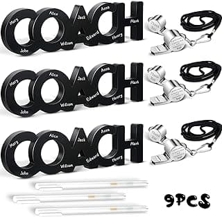 Amyhill 9 Pcs Coach Gifts Football Soccer Coaches Gifts Thank You Coach Wood Sign Whistle Stainless Steel Whistle with Rope White Marker Pen Christmas Thanksgiving Gift for Men Women Football Sports