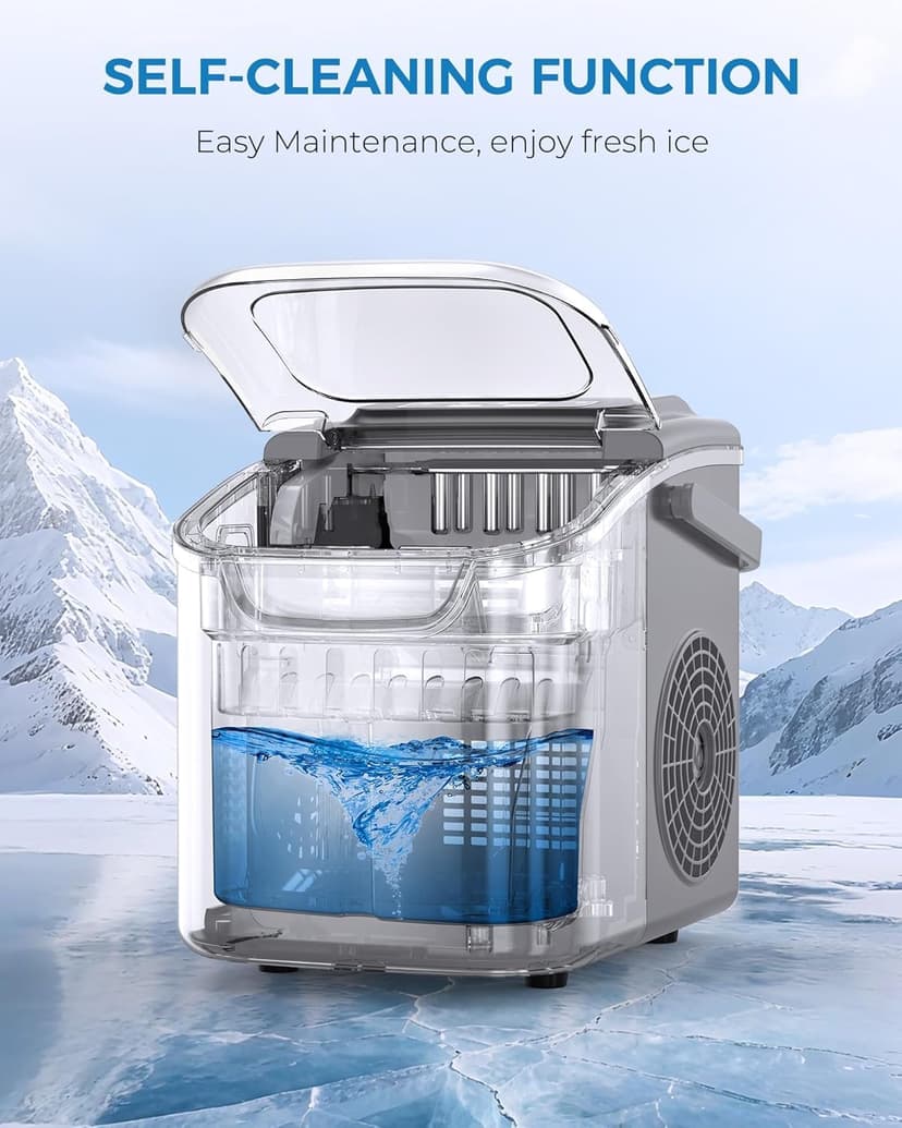 Antarctic Star Countertop Ice Maker Portable Ice Machine with Handle,Self-Cleaning Ice Makers, 26Lbs/24H, 8 Ice Cubes Ready in 6 Mins for Home Kitchen Bar Party (Grey)
