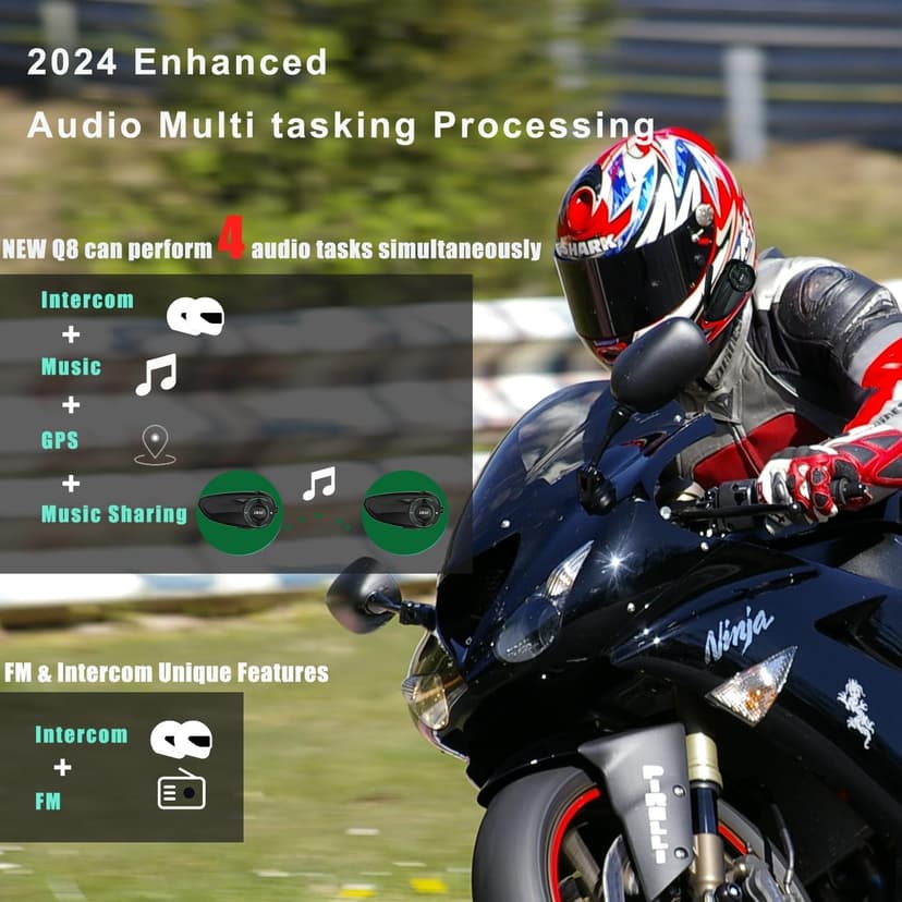 SolaMr Q8 Motorcycle Helmet Bluetooth Headset, 230hours Standby, 6 Riders Mesh Communication Systems with Audio Multitasking, Music Sharing, Noise Cancellation, FM Radio, Loud Interphone -2 Pack