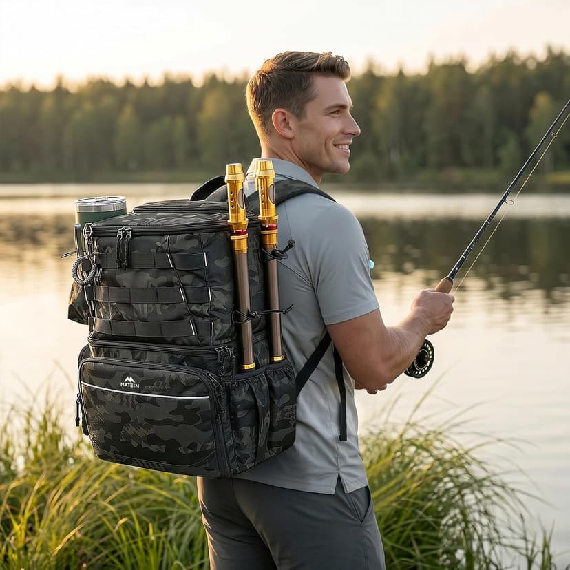 Water Resistant Fishing Bag Fits 4 3600 Trays, Large Wide Open Tackle Box Backpack, Gifts for Fishermen MATEIN Fishing Backpack, Tackle Storage Bag with Rod Holders & Cooler B09PTHT4H5