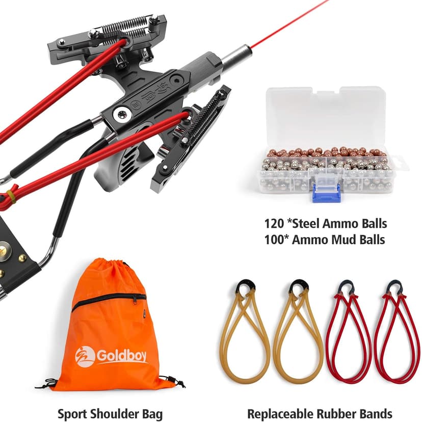 Goldboy Professional Slingshot, Wrist Rocket Slingshot with Red Beam Sight, Hunting Slingshot for Adults with 4 Rubber Bands Replacement and 220 Ammo for Adults
