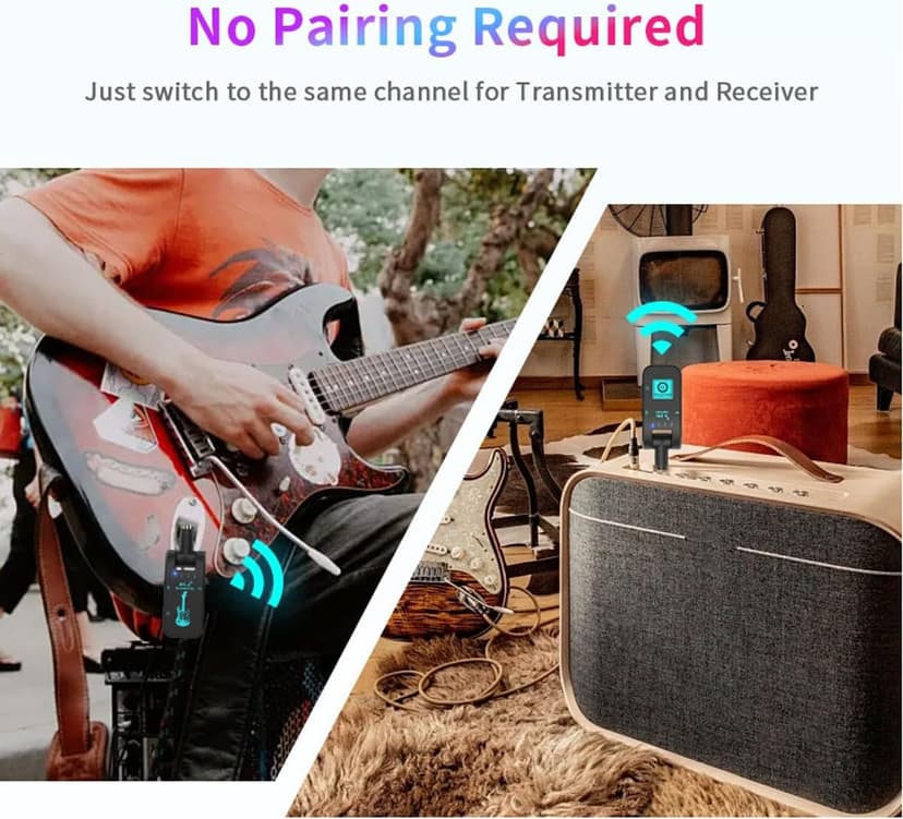 Wireless Guitar System 2.4 GHz with 8 Channels Rechargeable Audio Wireless Guitar Transmitter Receiver for Electric Guitar Bass Electric Wind Instruments,48K/16bit Real-time Transmissio (Black)