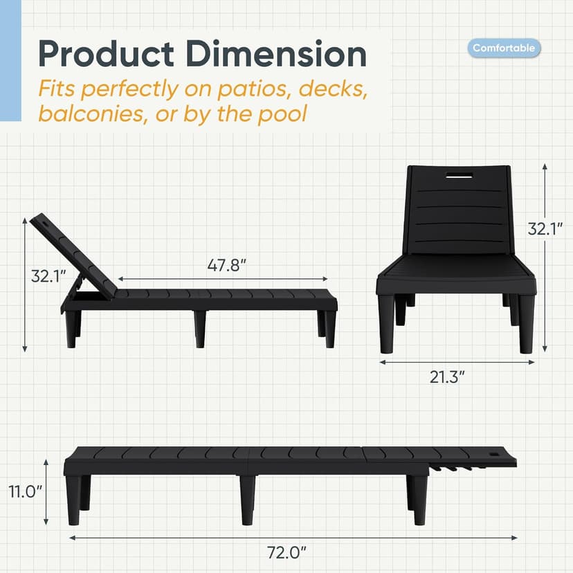 Greesum Outdoor Chaise Lounge Chairs Set of 2 with 5-Position Adjustable Backrest, Waterproof PP Sun Loungers for Garden Pool Beach Patio Deck Sunbathing, Black
