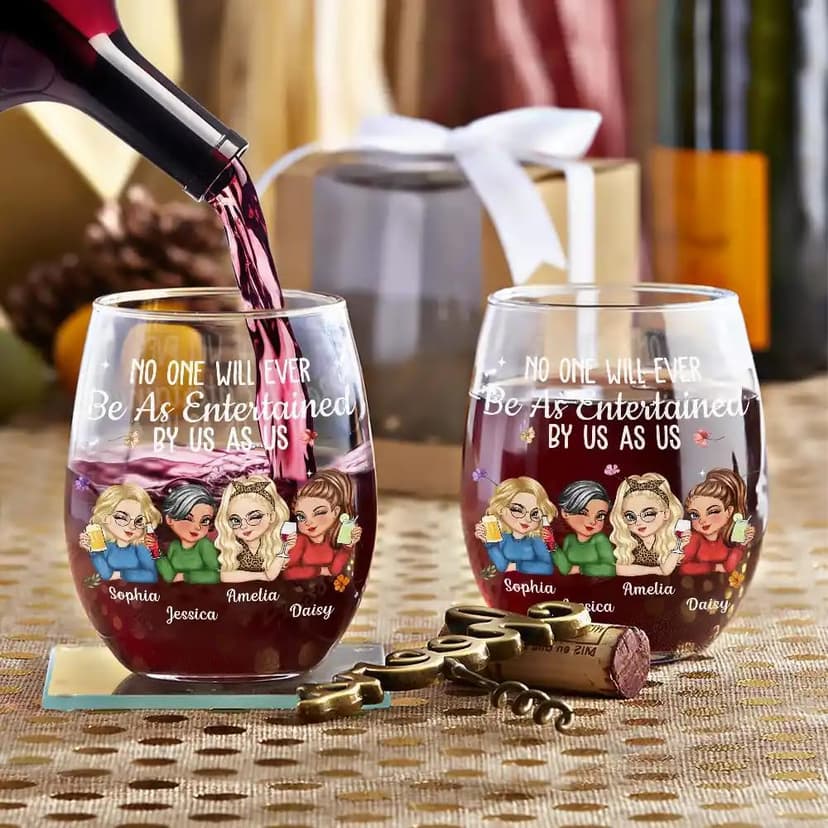 Personalized No One Will Ever Be As Entertained By Us As Us Stemless Wine Glass Gift for Best Friend Bestie Sister On Christmas Birthday Party Clear Wine Glasses Cup Friendship Gifts for Woman Bestie
