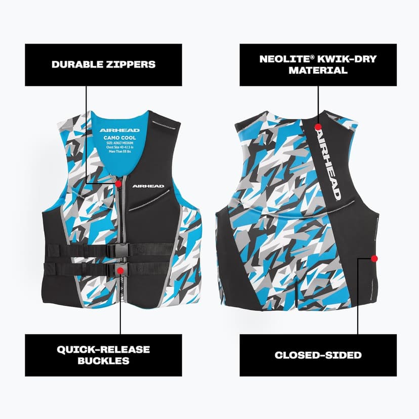 Airhead CAMO Cool Kwik-Dry Neolite Flex Life Jacket for Adults - USCG Approved Life Vest for Women & Men, Lightweight Flexible Watersports Vest for Boating, Wakeboarding, Kayaking & Jet Skiing