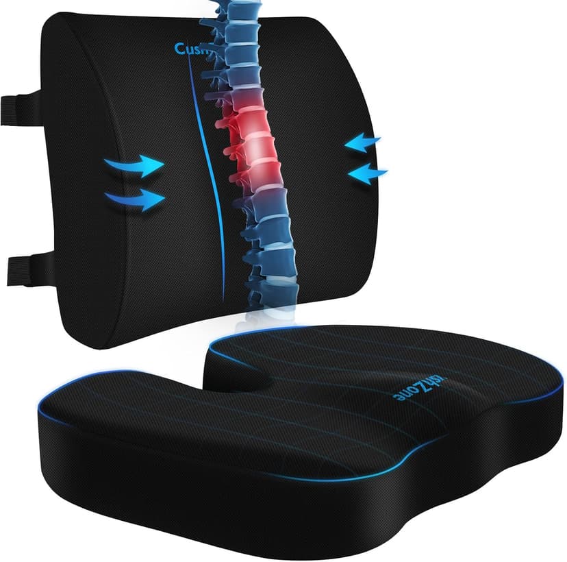 CushZone Ergonomic Seat Cushion & Lumbar Support Pillow - Memory Foam for Sciatica Pain Relief & Posture Correction, Non-Slip Chair Cushions for Office Chair/Car/Wheelchair/Travel (Black)