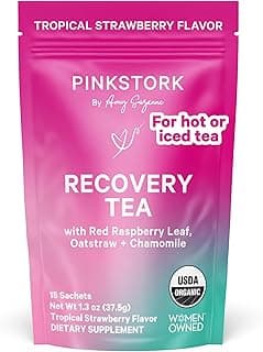 Pink Stork Postpartum Recovery Herbal Tea, Organic Red Raspberry Leaf with Chamomile, Hormone Balance for Women After Labor and Delivery, Strawberry Passion, Hot or Iced, Caffeine-Free, 15 Sachets