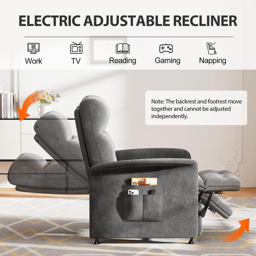 Power Recliner Chair for Adults with Heat & Massage - Soft Fabric Electric Reclining Sofa with Remote Control, 180° Lay Sleeper 3 Side Pockets for Living Room Home Theater, Dark Grey