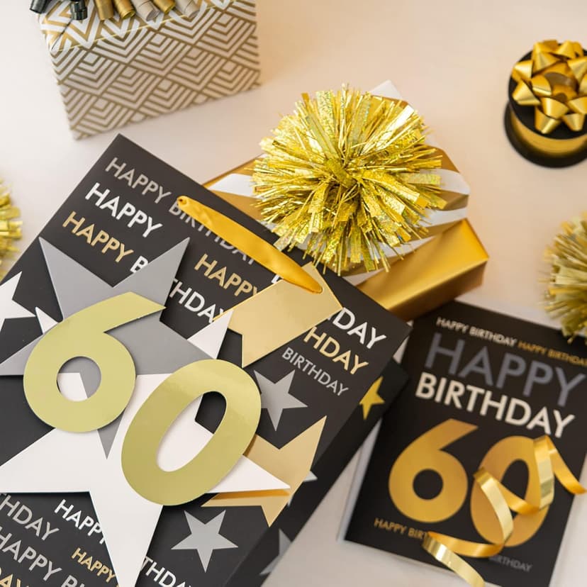 Loveinside Birthday Gift Bag with Tissue Paper and Greeting Card for 60 Birthday - 10" x 5" x 13", 1 Pcs, Black Gold