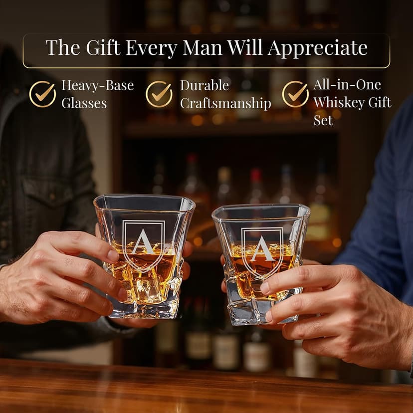 shop4ever Custom Engraved Monogram Year, Chunky Heavy Liquor/Bourbon Decanter with Glasses, Whiskey Stones, Coasters & Tongs, Premium Whiskey Gift Set for Men, Husband, Dad