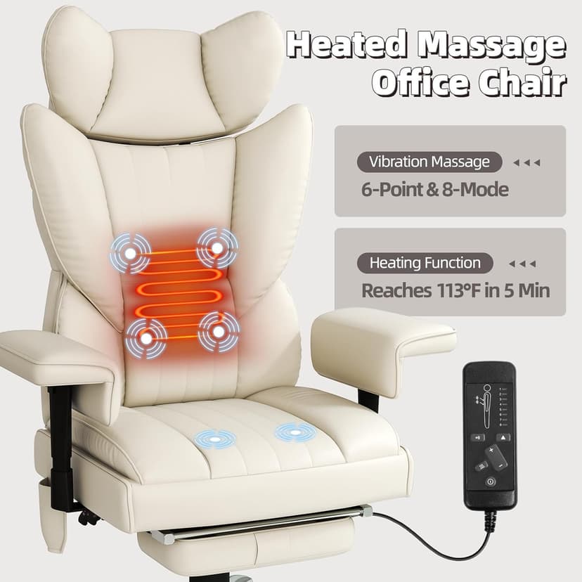 Massage Office Chair with Heat - 6 Points Vibration 400LBS Leather Reclining Office Chair with Lumbar Pillow, Adjust Headrest and Armrest, Executive Desk Chair for Home Office, Beige