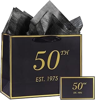 momoake 50th Birthday Gift Bag with Card and Tissue Paper for Men Women Him, 1975 50 Year Old 13" Elegant Black Gold Anniversary Keepsake Party Present Shopping Paper Bags for Gifts Wrapping
