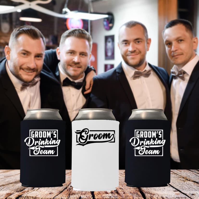 Veracco Groom's Drinking Team Can Coolie Holder Bachelor Party Wedding Favors Gift For Groomsmen Proposal (12, Wht Groom, Blk DT)