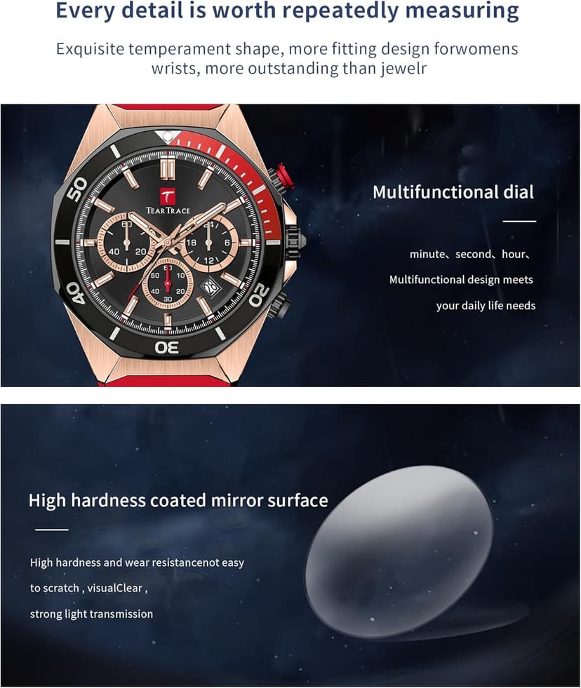 TEARTRACE Watches for Men Luxury Quartz Casual Chronograph 3ATM Waterproof Sport Wrist Watches Multifunctional with Silicone Strap Mens Watches