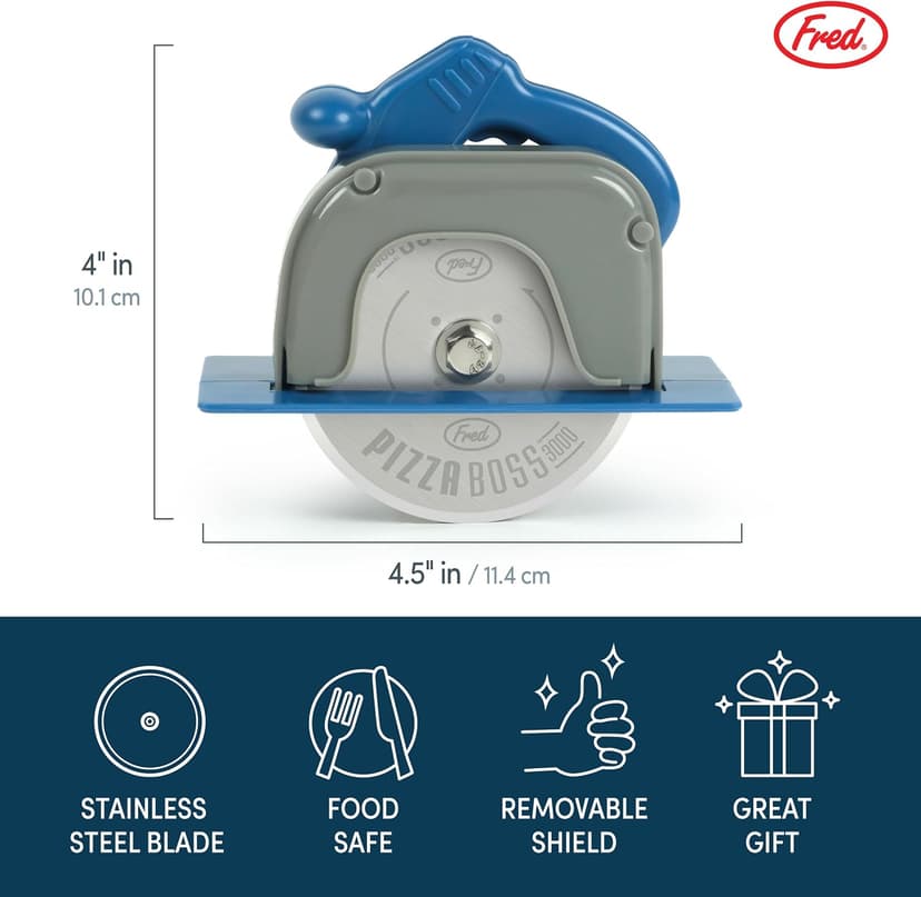 Genuine Fred PIZZA BOSS 3000, Circular Saw Stainless Steel Pizza Wheel, Great Gift for Guys and Pizza Lovers, Easy to Clean with Removable Shield - White Elephant Gift - Fun Kitchen Gadget