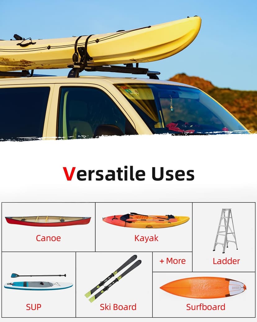 Abahub Soft Roof Rack Pads with 2 Tie Down Straps, 2 Tie Down Ropes, 2 Hood Loops and Storage Bag, for Surfboard, Kayak, Canoe, Heavy Duty Universal Car Roof Racks System Black 30 Inch
