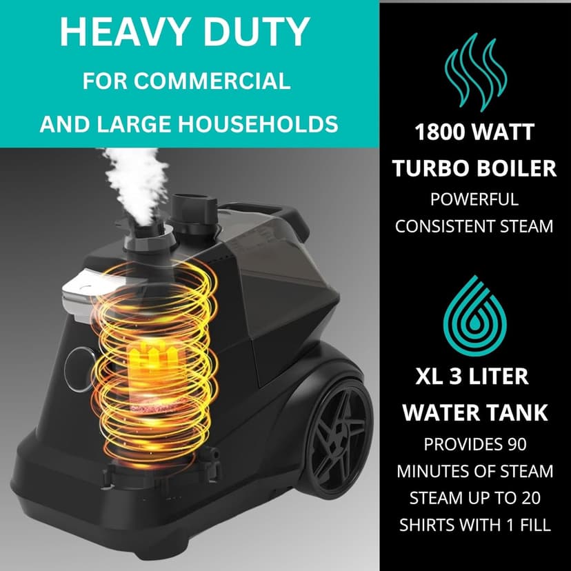 True & Tidy® Heavy-Duty Commercial Industrial Standing Garment Steamer for Clothes, 1800 watts, XL 3L water tank 90+ mins of Steam 3 Steam Settings, Step On/Off Control, Wheels for Easy Movement