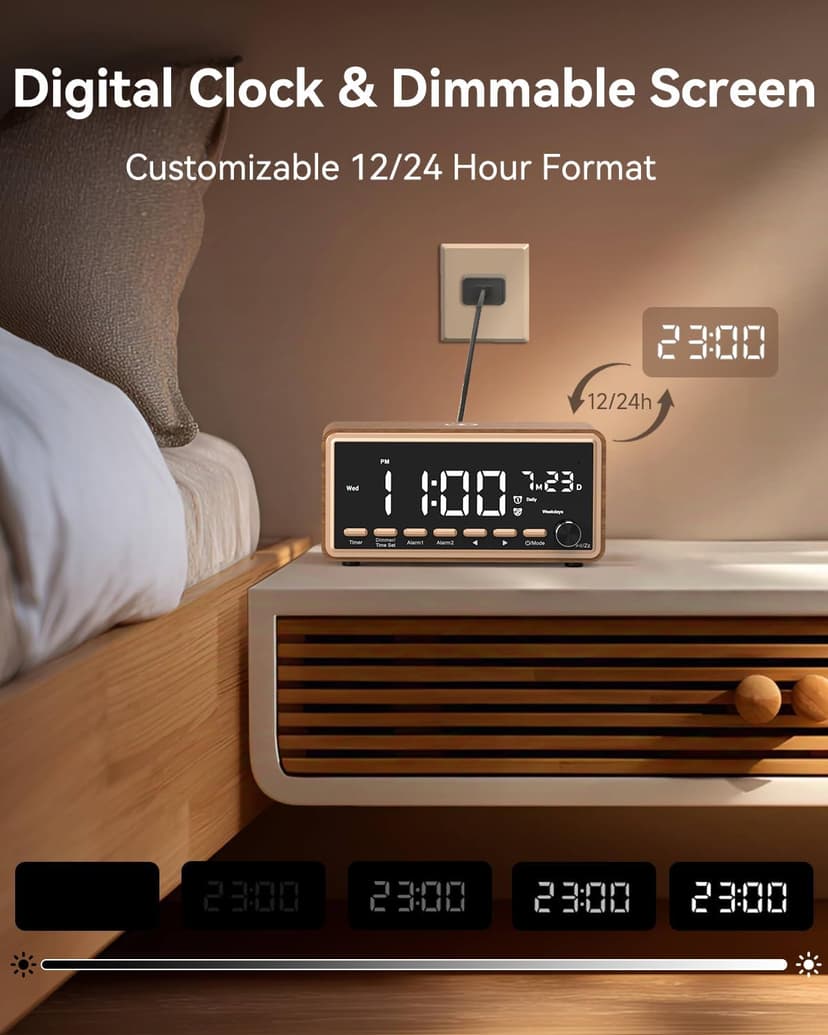 Digital Alarm Clocks Radio for Bedrooms,FM Radio & White Noise Sound Machine with Timer,Bluetooth Speaker,Dual Alarm Clock with Wireless Charging,Dimmable Big LED Display,Holiday Gifts for Men Women