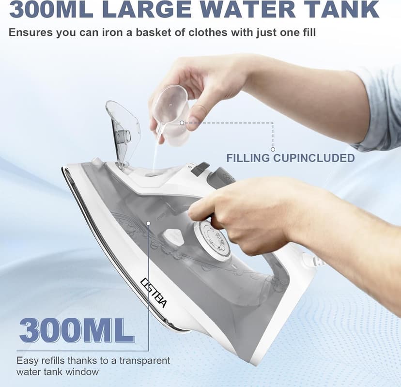 OSTBA 1600W Steam Iron for Clothes with Rapid Heating Nonstick Soleplate, Precise Thermostat Dial, Self-Cleaning, Anti-limescale, Drip Stop Function, 300ml Water Tank Clothes Iron