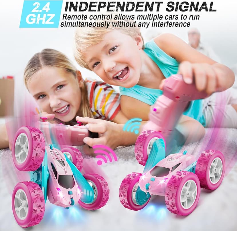 RC Cars, Pink Remote Control Car for Girls, 2.4 GHZ Double Sided RC Stunt Car 360° Rotating Remote Control Crawler with Headlights Car Toys for 6 7 8 9 10 11 12 Girls Birthday Gift Grandkids