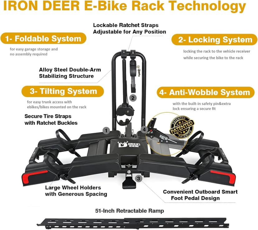 Ebike Rack with Ramp for 2 E-Bikes 200 lbs Capacity Fits 5" Fat Tire, Hitch Bike Rack for Cars SUVs Trucks with 2" Receiver, Foldable Tilting Locking No Assembly Needed E-Bike Platform Carrier