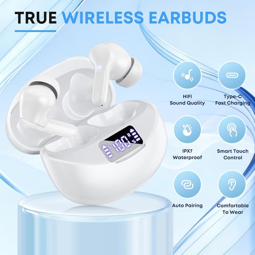 Fhumsh Wireless Earbuds, Bluetooth 5.4 HiFi Stereo Headphones with Noise Cancelling Mic, 50H Playback in Ear Buds with LED Digital Display, IPX7 Waterproof Earphones for Office/Running/Workout White