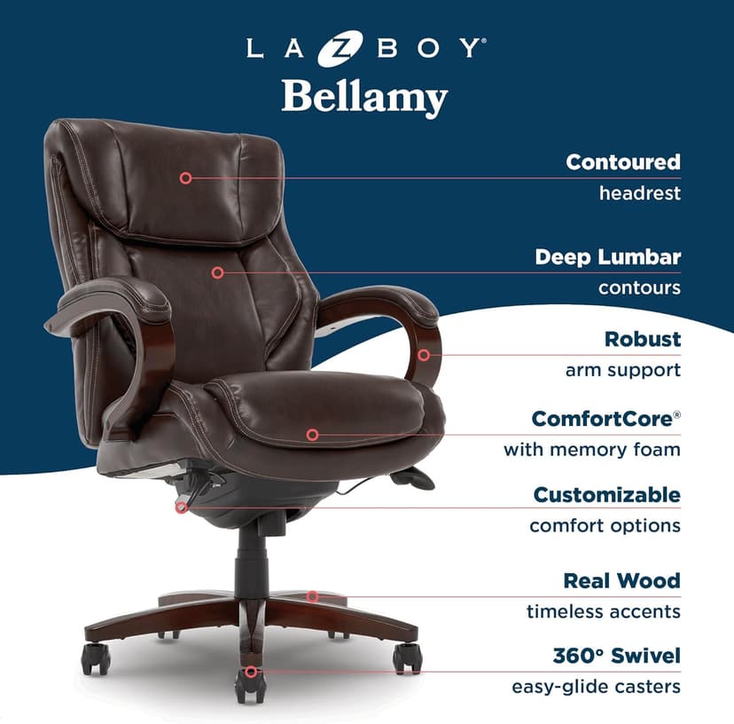La-Z-Boy® Bellamy Executive Office Chair with Memory Foam Cushions, Real Wood Arms and Swivel Base, Waterfall Seat Edge, Faux Bonded Leather, Brown