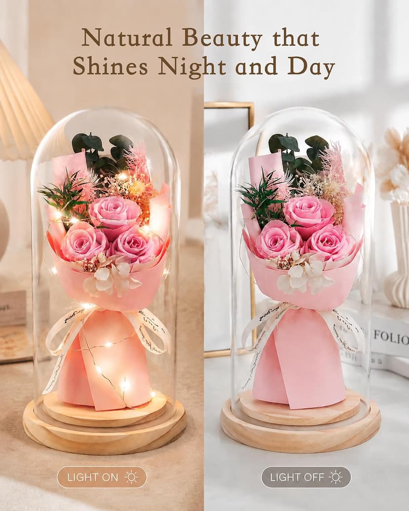 HVY Preserved Flowers Gifts for Her,Preserved Rose Bouquet in Glass Dome,Forever Flowers Fresh Bouquet Present for Women Mothers Day Birthday Gifts for Mom Wife Grandma,Pink Real Rose B0CQKXRQWD
