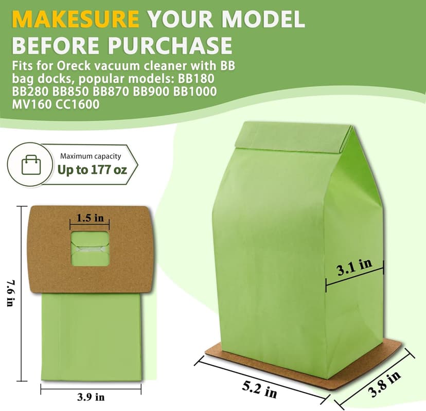 PKBB12DW Type BB Compact Canister Vacuum Bags Replacement for Oreck XL Buster B Canister Handheld Vacuum Cleaner BB180 BB280 BB850 BB870 BB900 BB1000 MV160 CC1600, 10 Pack