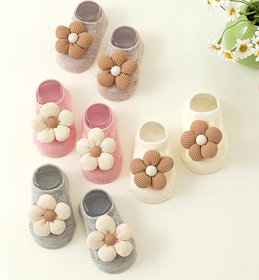 4Packs Baby Girls Socks,Flower Non-Slip Grips for Babies Toddler Princess Low Cut Ankle Socks for Girls