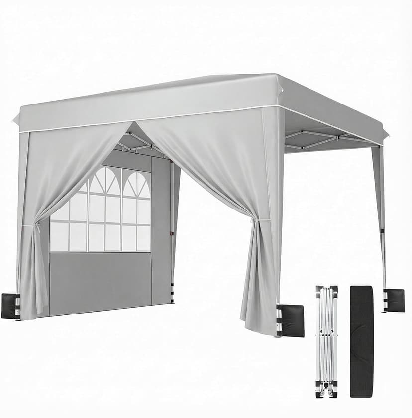 Outsunny 10 x 10 ft Pop Up Canopy Tent with Sidewalls, UPF50+ Outdoor Portable Instant Canopy Shelter with Carry Bag, Sandbags, Adjustable Height for Parties, Events, Camping, Light Gray