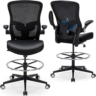 Drafting Chair 400lbs Heavy Duty Tall Office Chair Big and Tall Ergonomic Standing Desk Chair with Lumbar Support and Adjustable Footrest Ring, Comfy Mesh Wide Chair with Flip-up Armrests, Black