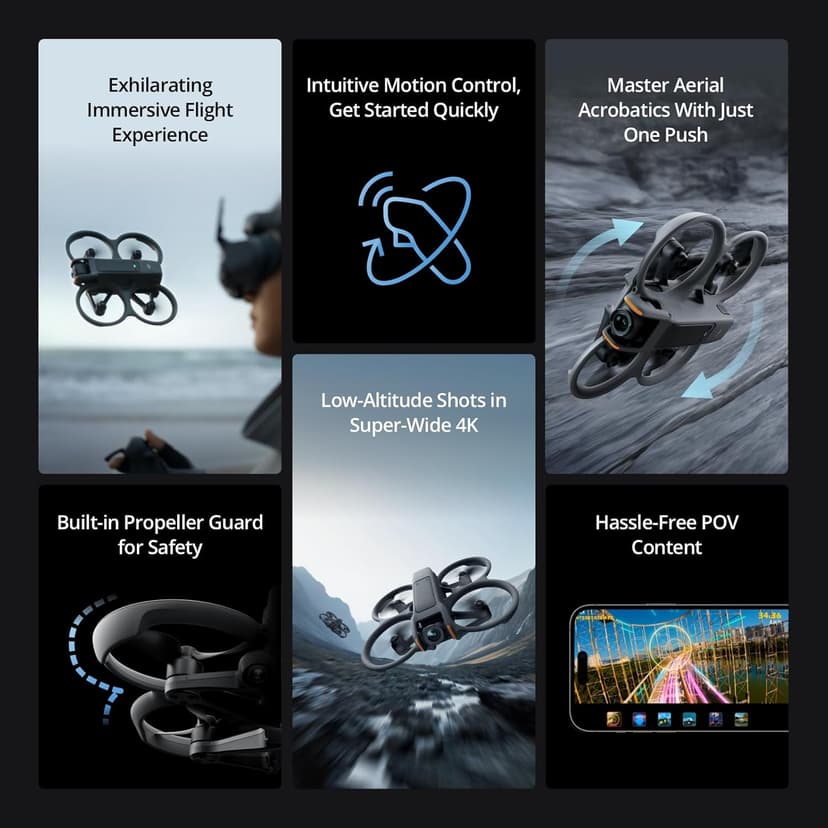 DJI Avata 2 Fly Smart Combo (Single Battery), FPV Drone with Camera 4K, Immersive Experience, One-Push Acrobatics, Built-in Propeller Guard, 155° FOV, Camera Drone with Goggles N3 and RC Motion 3