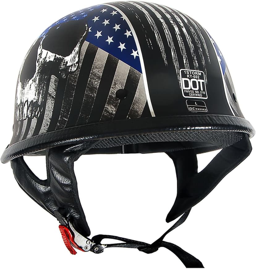 1Storm Novelty Motorcycle Half Face Helmet Open German Style DOT Approved: HKY602 Flag Skull