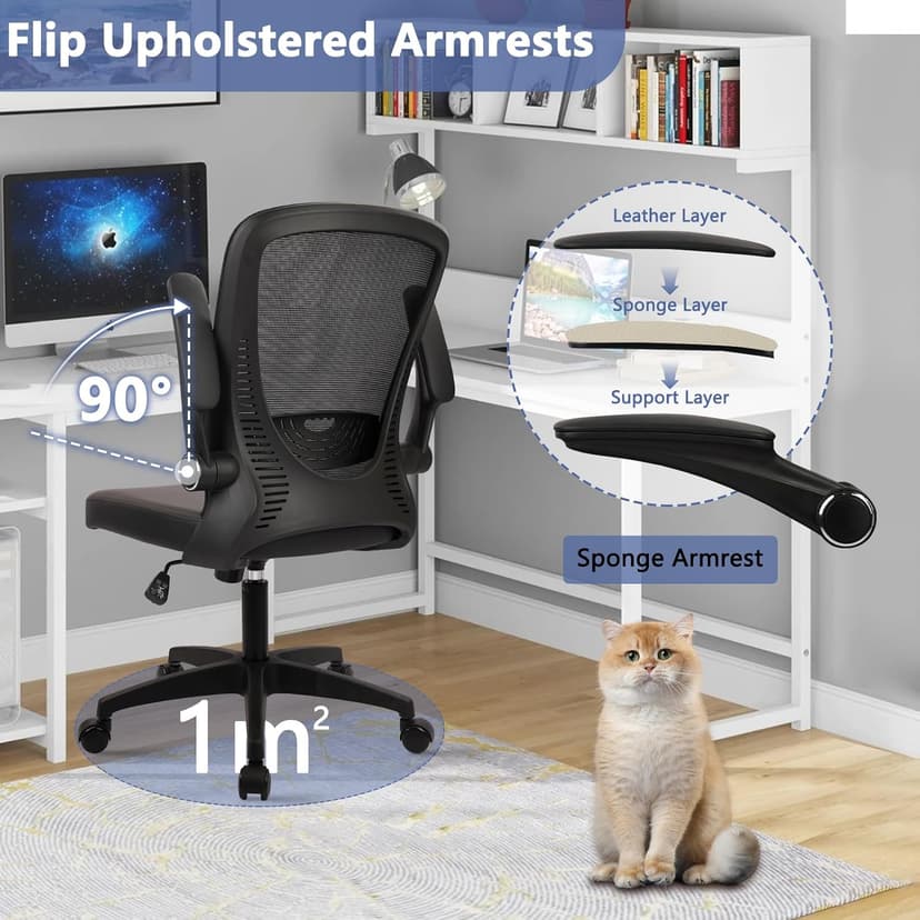 CLATINA Desk Chairs with PU Leather Seat, Flip Up Arms Ergonomic Mesh Back Office Chair with Lumbar Support, Adjustable Height Swivel Rolling Computer Chairs for Home Conference Meeting, Black, 8 Pack