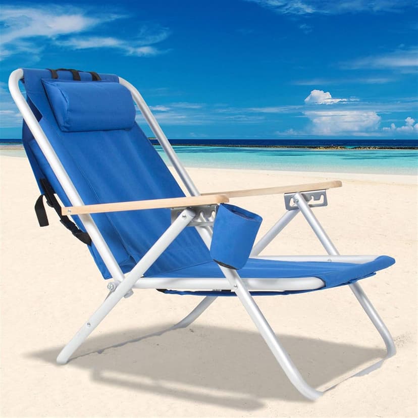 Generic Folding Beach Chair Camping Chair, Modern Style, Blue, Solid, Four Reclining Positions, Travel-Friendly Design, Plush Headrest, Wooden Armrests, Built to Last, Supports Up to 265 lbs