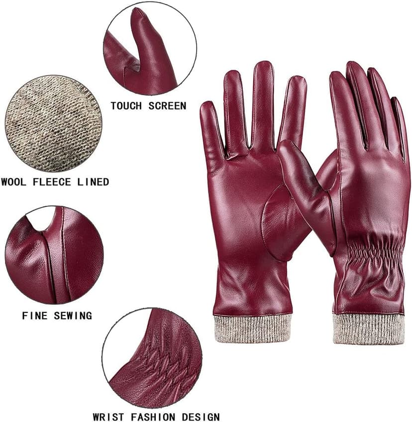 REDESS Winter Leather Gloves for Women, Wool Fleece Lined Warm Gloves, Touchscreen Texting Thick Thermal Snow Driving Gloves