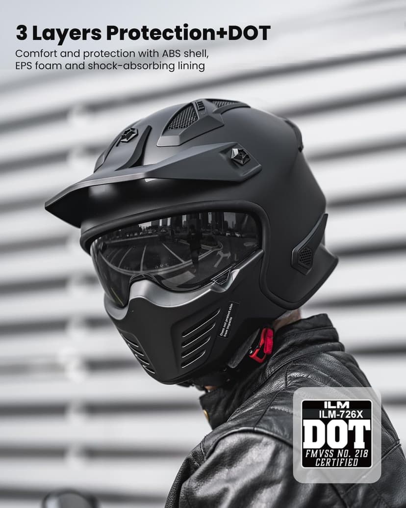 ILM Open Face Motorcycle 3/4 Half Helmet for Dirt Bike Moped ATV UTV Motocross Electric Cruiser Scooter DOT Model 726X(Matte Black,L)